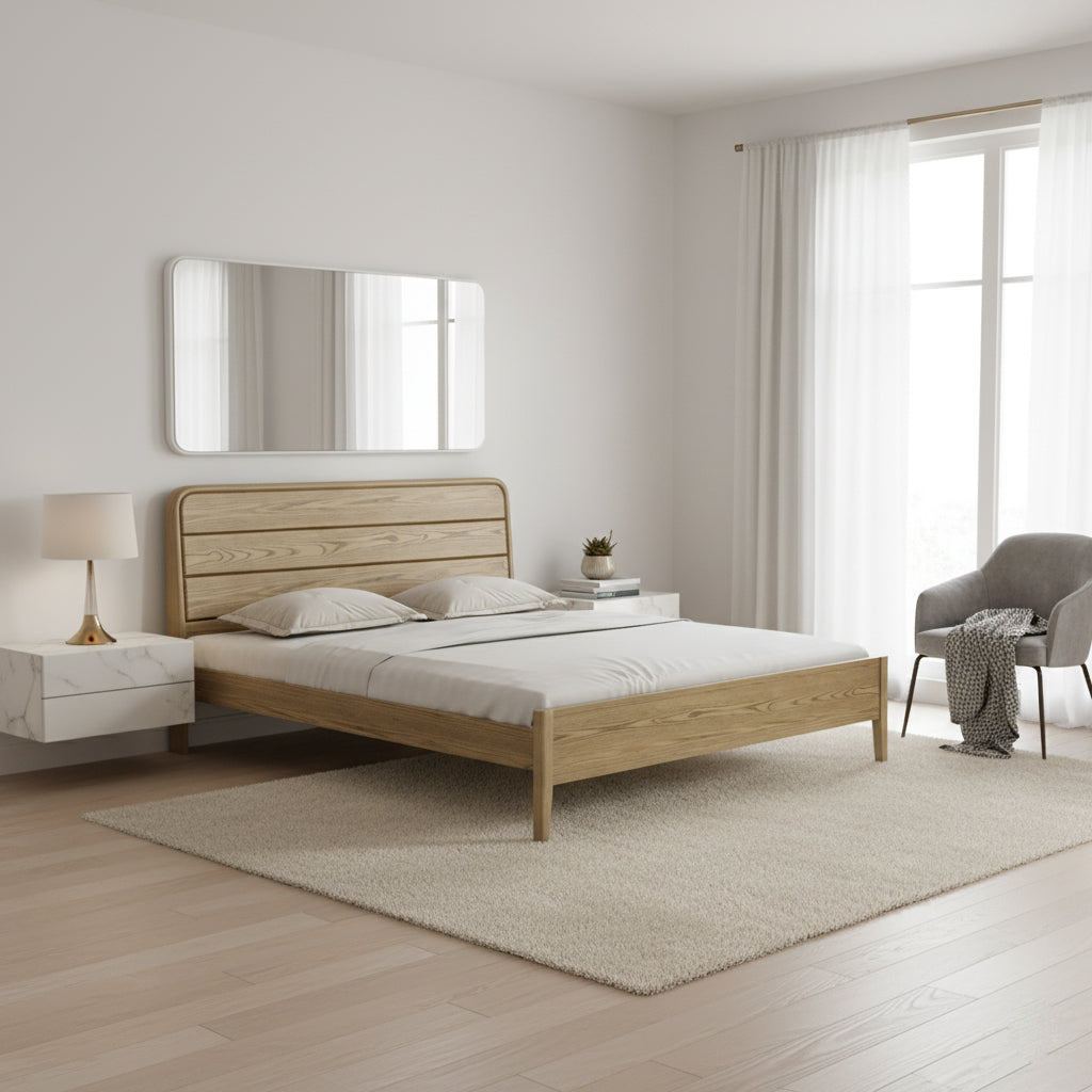 Consistent Texture Bed Frame - Flush Edge & Adjustable Height Ash Wood Bed For Bedroom