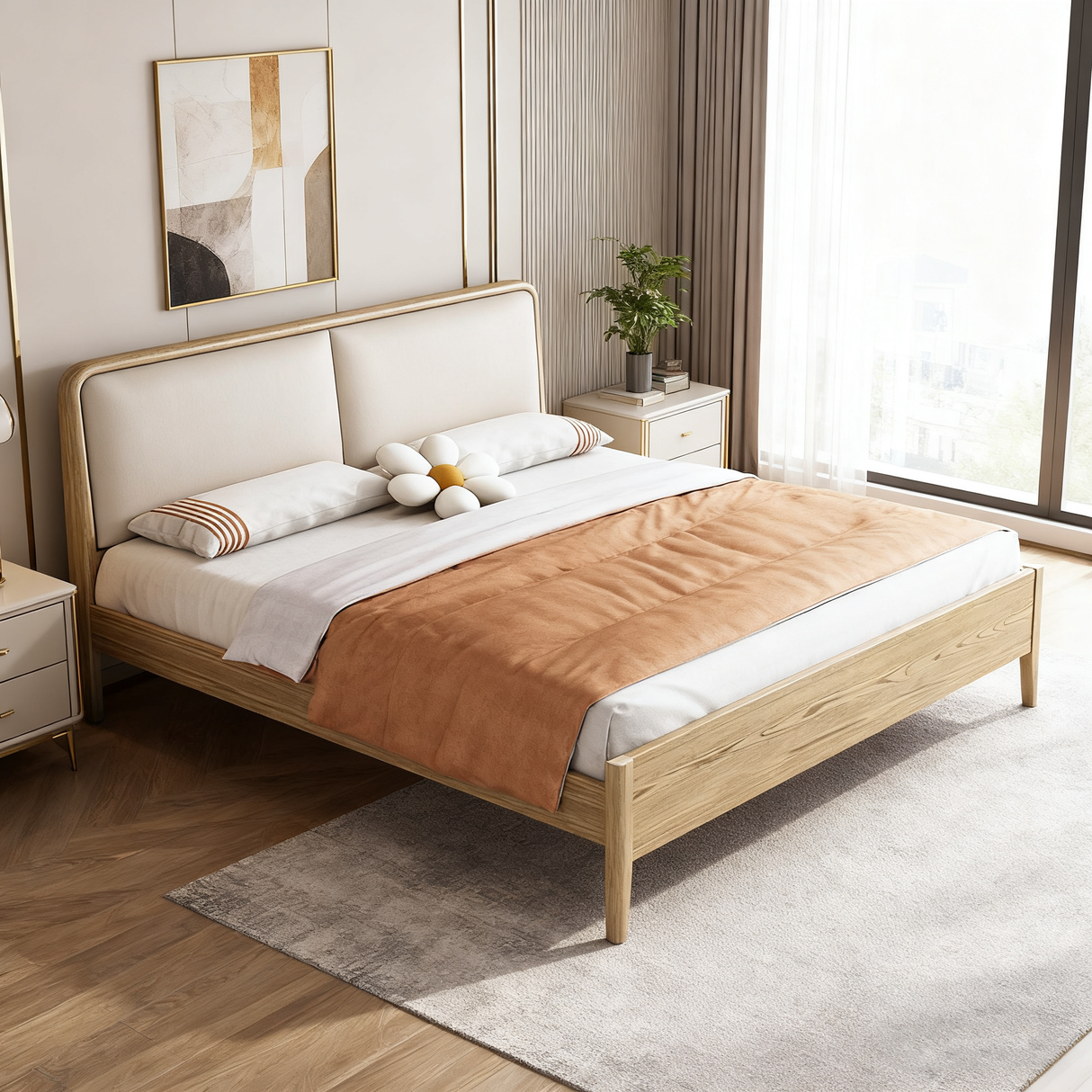 French Flush-Edge Bed Frame - Genuine Leather Headboard & Breathable Pine Slats Bed For Bedroom
