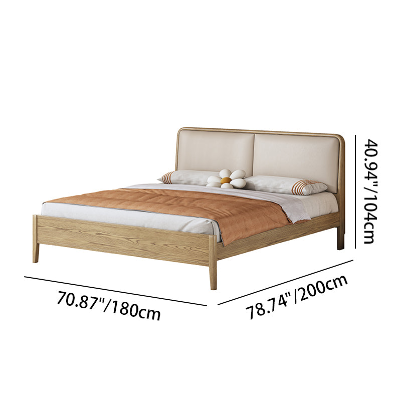 French Flush-Edge Bed Frame - Genuine Leather Headboard & Breathable Pine Slats Bed For Bedroom