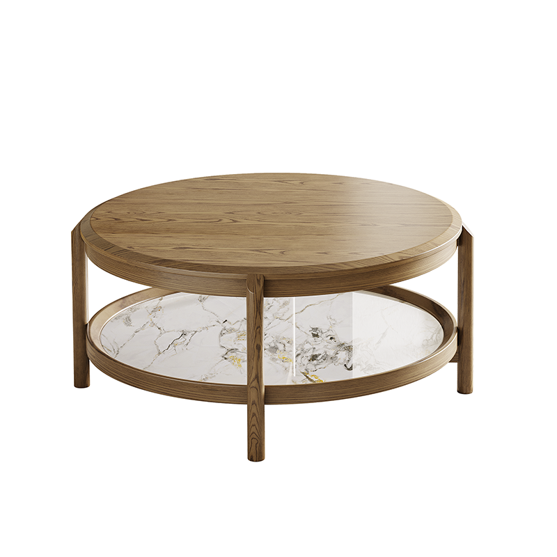 Scandinavian Round Coffee Table - Eco-Friendly Ash Wood with Natural Rock Slab, 2-Tier Living Room Side Table