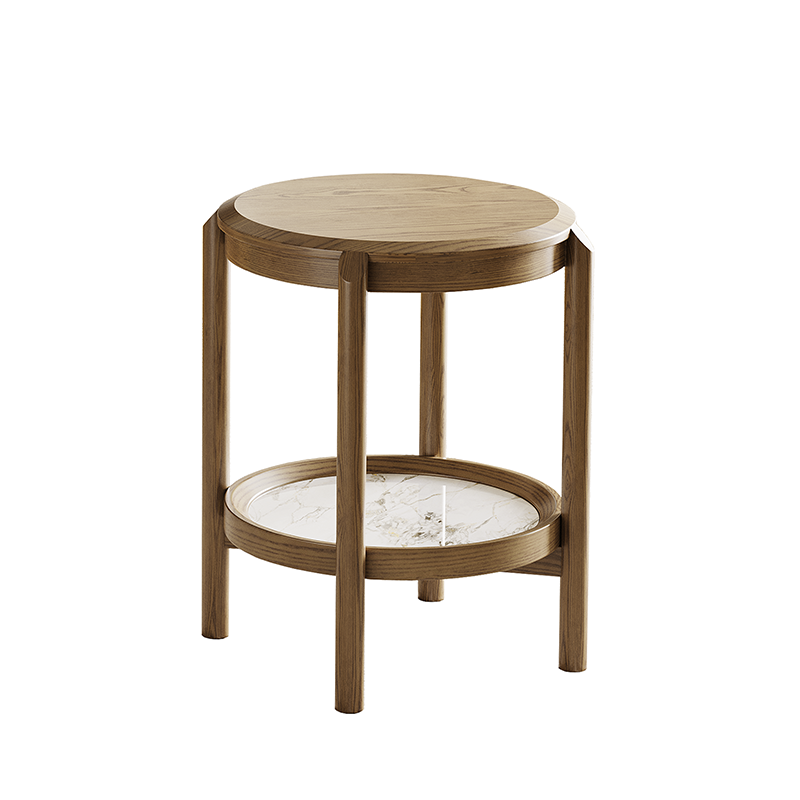 Scandinavian Round Coffee Table - Eco-Friendly Ash Wood with Natural Rock Slab, 2-Tier Living Room Side Table