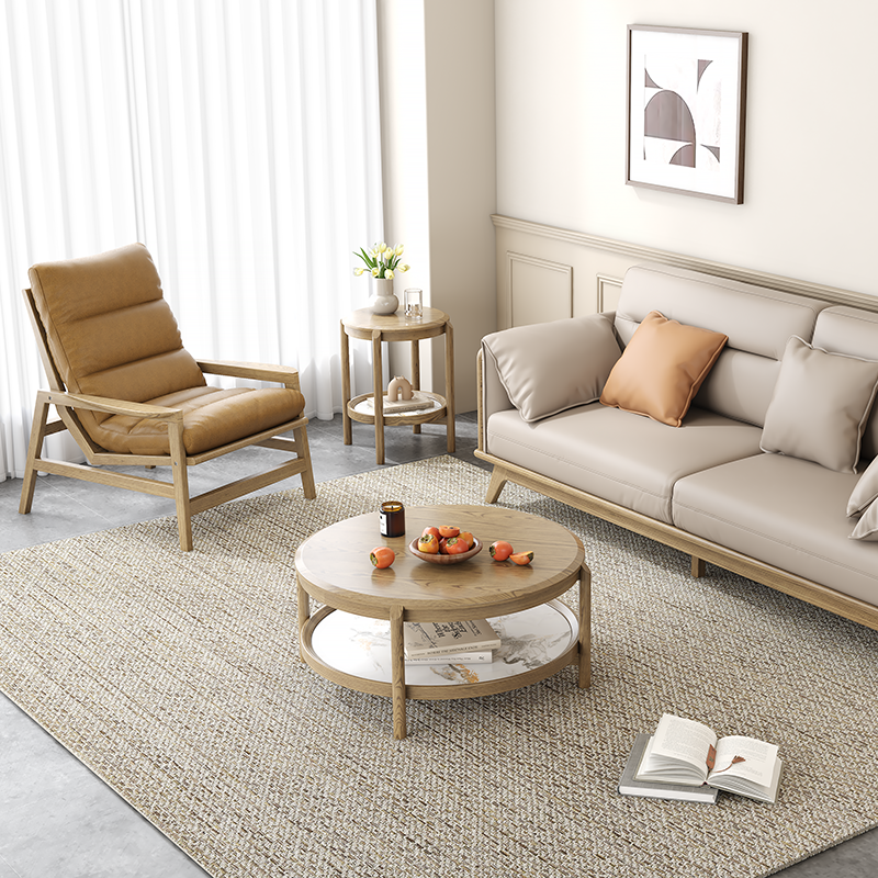 Scandinavian Round Coffee Table - Eco-Friendly Ash Wood with Natural Rock Slab, 2-Tier Living Room Side Table