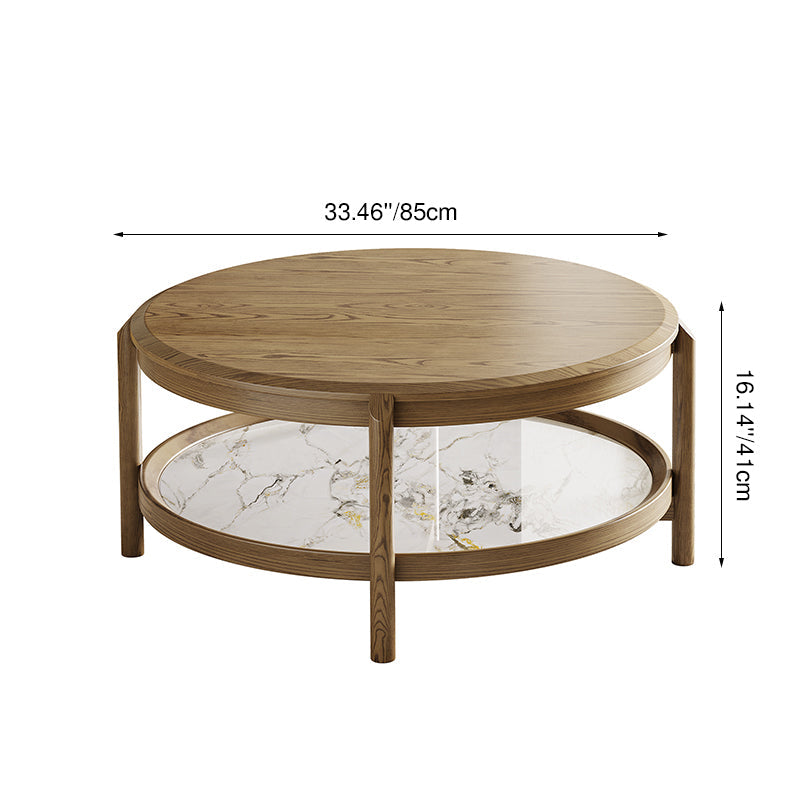 Scandinavian Round Coffee Table - Eco-Friendly Ash Wood with Natural Rock Slab, 2-Tier Living Room Side Table