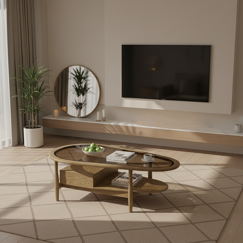 Eco-Friendly Irregular Oval Ash Wood Coffee Table with 1 Drawer — Premium Craftsmanship for Living Room