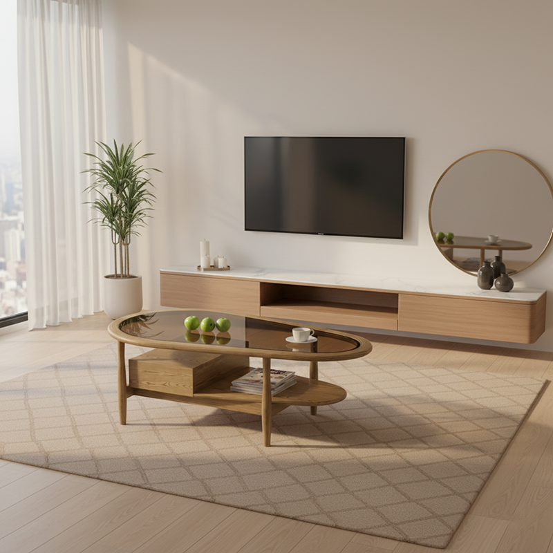 Eco-Friendly Irregular Oval Ash Wood Coffee Table with 1 Drawer — Premium Craftsmanship for Living Room