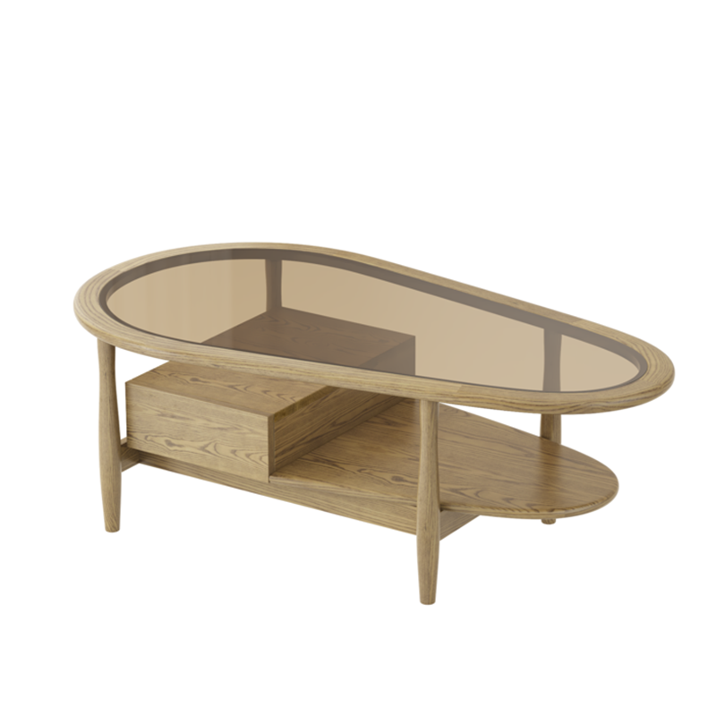 Eco-Friendly Irregular Oval Ash Wood Coffee Table with 1 Drawer — Premium Craftsmanship for Living Room
