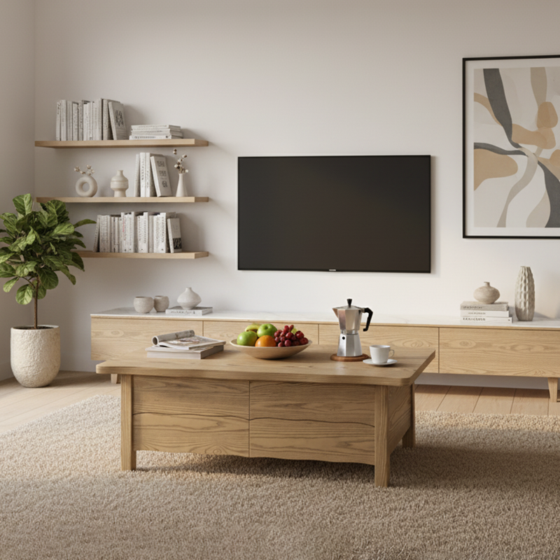 Healthy Home North American Ash Wood Coffee Table with Formaldehyde-Free Construction, Smooth-Glide Drawers, and Four Sturdy Legs for Living Room
