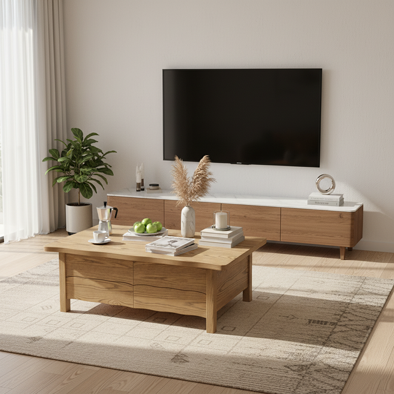 Healthy Home North American Ash Wood Coffee Table with Formaldehyde-Free Construction, Smooth-Glide Drawers, and Four Sturdy Legs for Living Room