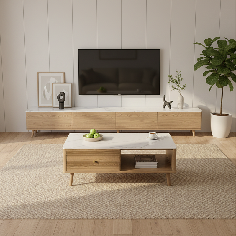 Classic French-Style Coffee Table with Ash Wood and Rock Slab Top – Durable 2-Tier Living Room Table