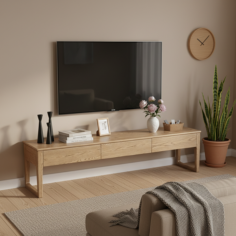 Eco-Friendly Ash Wood TV Stand – Durable Design with Ample Storage and 3-Drawer Cabinet for Living Room