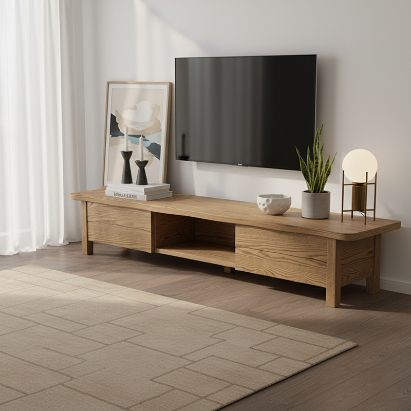 Formaldehyde-Free Ash Wood TV Stand – Modern Minimalist Design with Solid Construction, Open Storage Compartment, and 2-Drawer Cabinet for Living Room