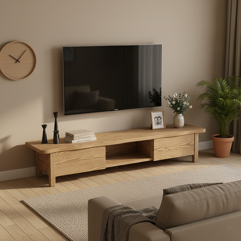 Formaldehyde-Free Ash Wood TV Stand – Modern Minimalist Design with Solid Construction, Open Storage Compartment, and 2-Drawer Cabinet for Living Room