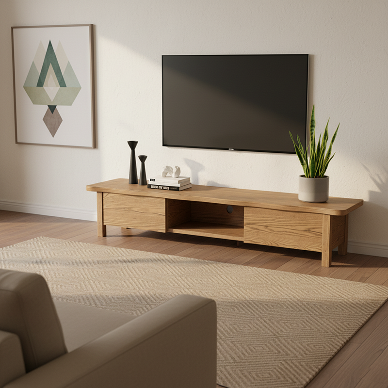 Formaldehyde-Free Ash Wood TV Stand – Modern Minimalist Design with Solid Construction, Open Storage Compartment, and 2-Drawer Cabinet for Living Room