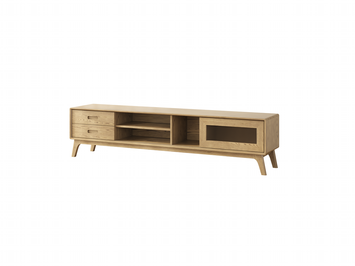 Non-Toxic Ash Wood TV Stand - Modern Minimalist TV Cabinet with Hidden Sliding Drawers and Open Shelf Design, 2-Drawer for Living Room