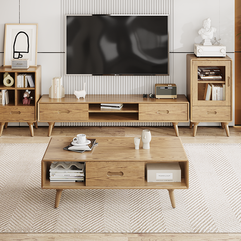 Handcrafted Ash Wood TV Stand — Timeless Traditional Style, Formaldehyde-Free Finish, Dual-Storage Cabinet with 2 Drawers for Living Room