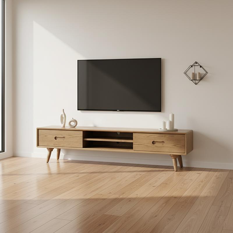 Handcrafted Ash Wood TV Stand — Timeless Traditional Style, Formaldehyde-Free Finish, Dual-Storage Cabinet with 2 Drawers for Living Room