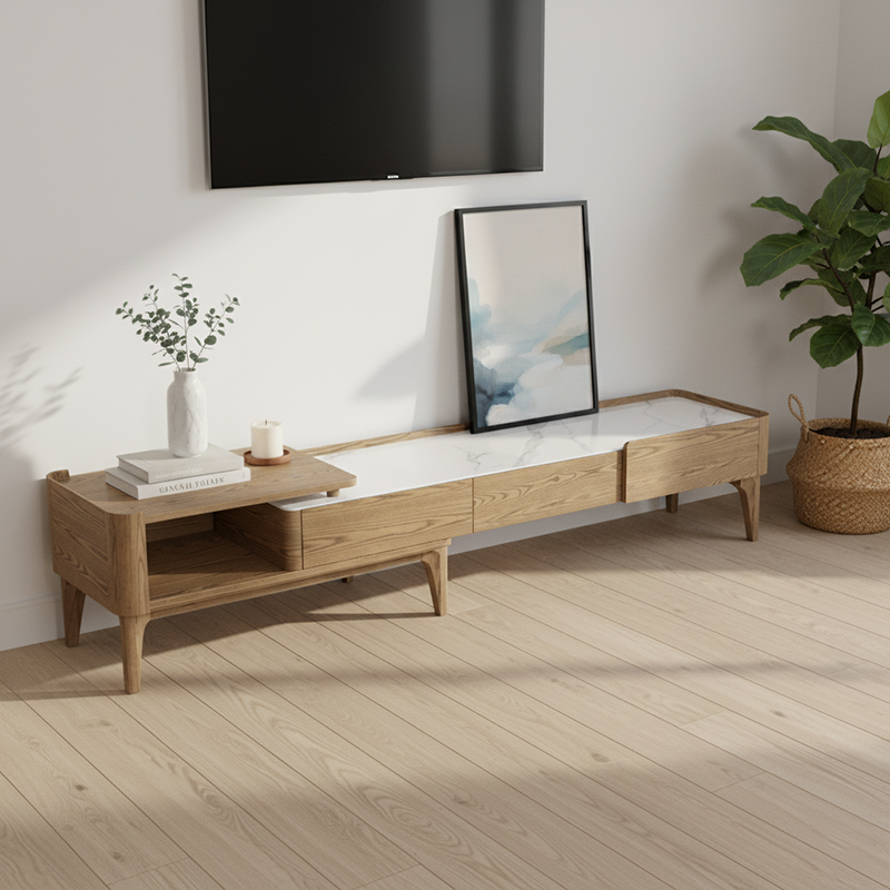 Hand-Sanded Ash Wood TV Stand with French-Style Extendable Rock Slab and Solid Craft TV Cabinet – 2-Drawer for Living Room