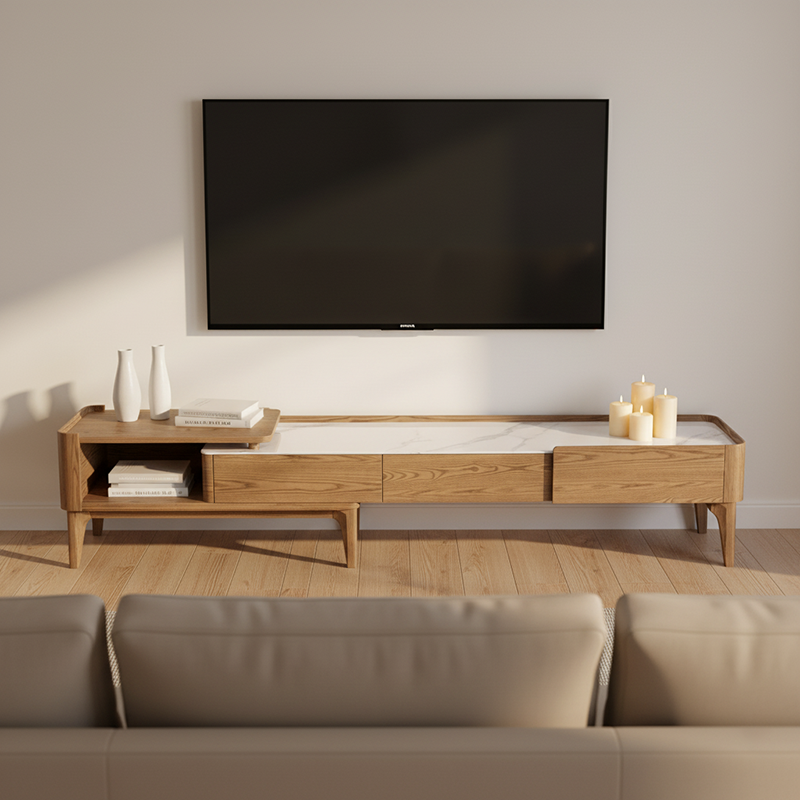 Hand-Sanded Ash Wood TV Stand with French-Style Extendable Rock Slab and Solid Craft TV Cabinet – 2-Drawer for Living Room