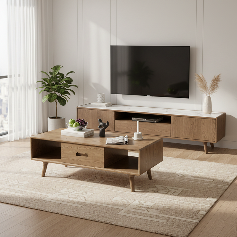 Space-Saving Modern Ash Wood Coffee Table with 2-Tier Storage – Eco-Friendly Minimalist Design for Living Room
