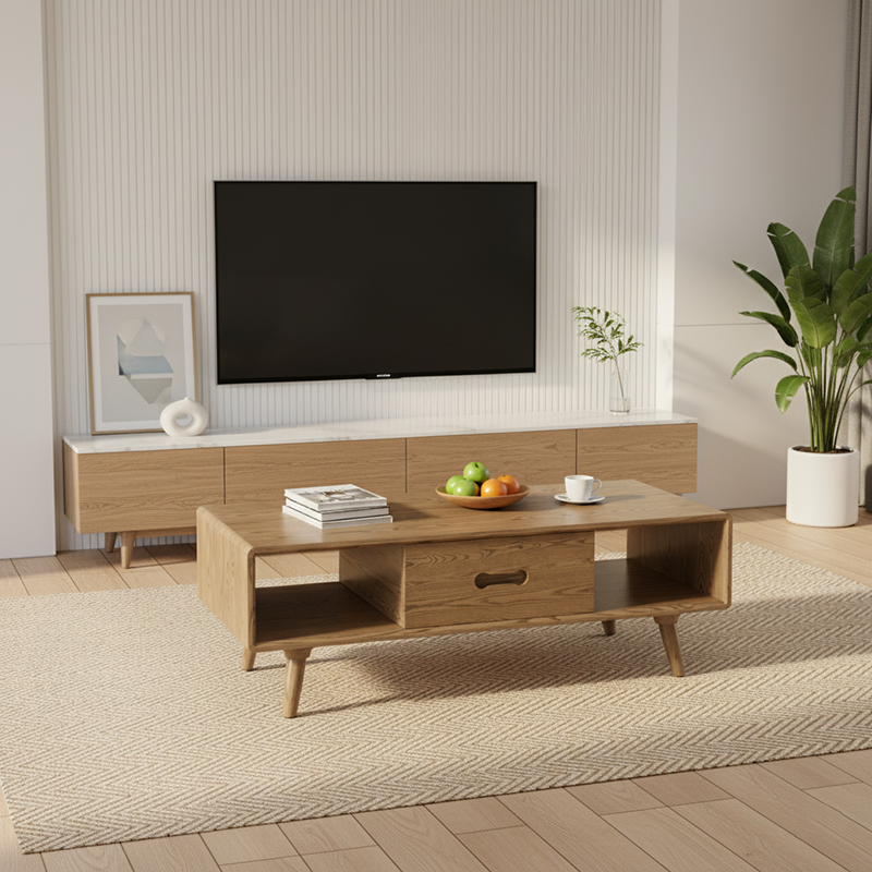 Space-Saving Modern Ash Wood Coffee Table with 2-Tier Storage – Eco-Friendly Minimalist Design for Living Room