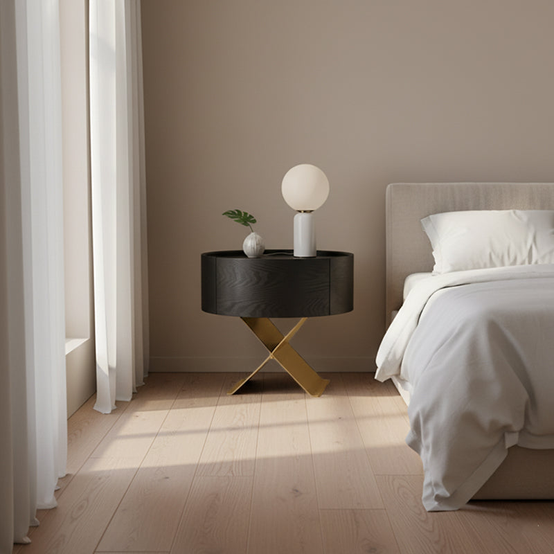 Industrial Smoked Wood Nightstand – Solid Wood Bedside Table with a Smooth Circular 1-Drawer for the Bedroom