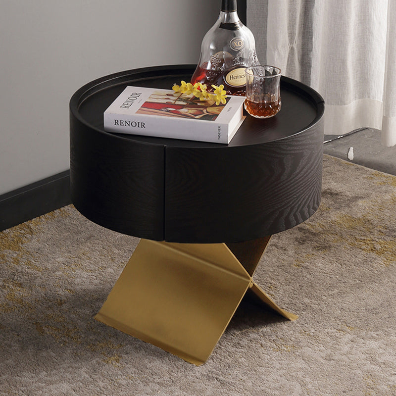 Industrial Smoked Wood Nightstand – Solid Wood Bedside Table with a Smooth Circular 1-Drawer for the Bedroom