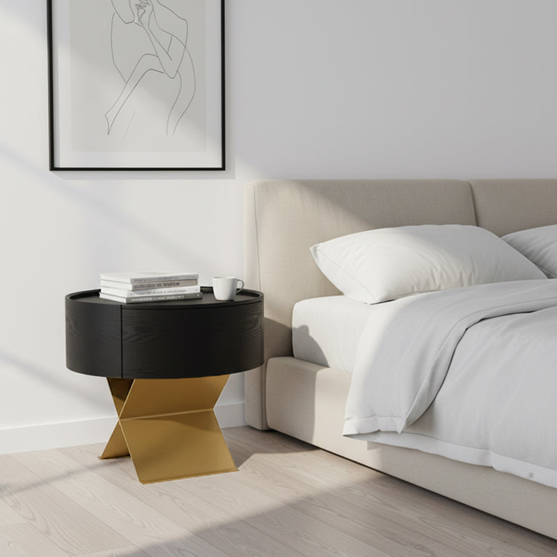 Industrial Smoked Wood Nightstand – Solid Wood Bedside Table with a Smooth Circular 1-Drawer for the Bedroom