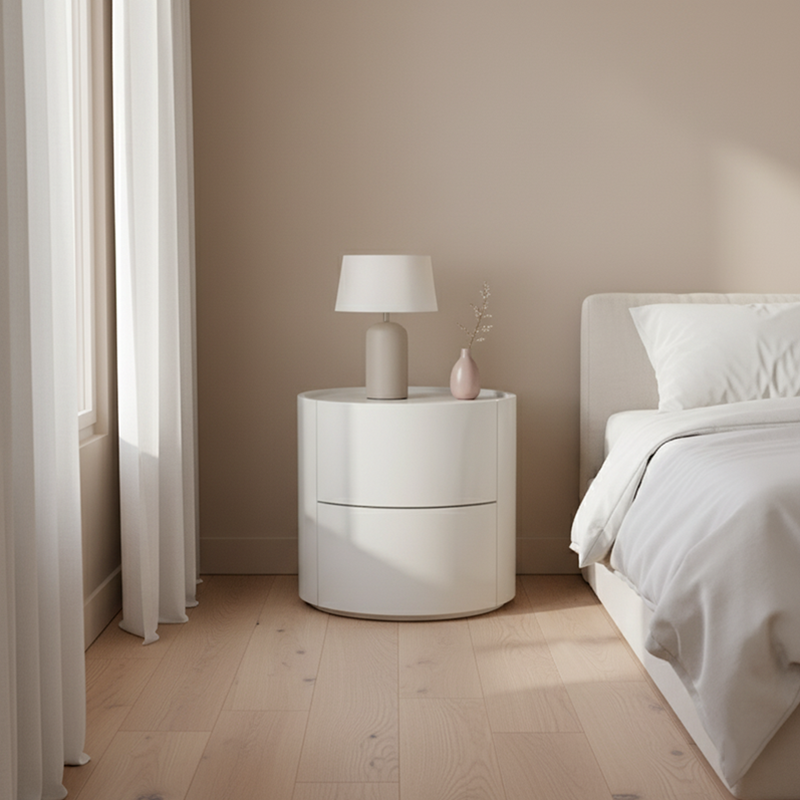 Nordic Rounded Cabinet Nightstand – Sturdy Build, Soft-Textured Minimalist Finish, 2-Drawer Bedside Table for Bedroom