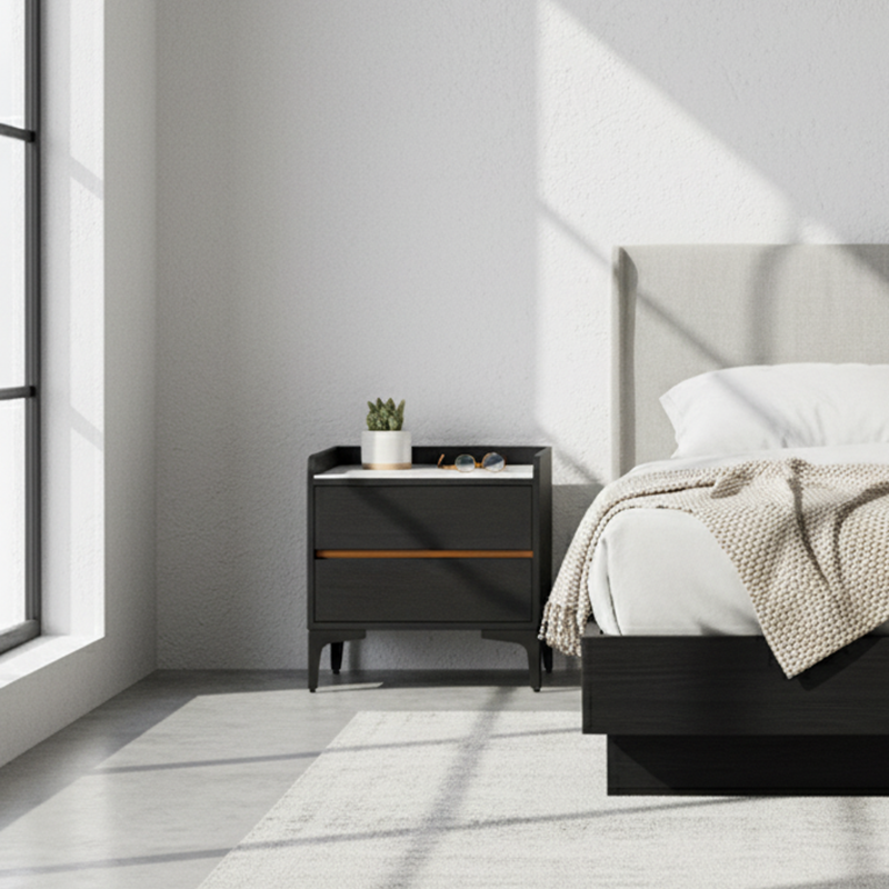 Low-Maintenance Scandinavian Bedside Table with Eco-Friendly Wood Veneer and Smooth Two-Drawer Nightstand for the Bedroom