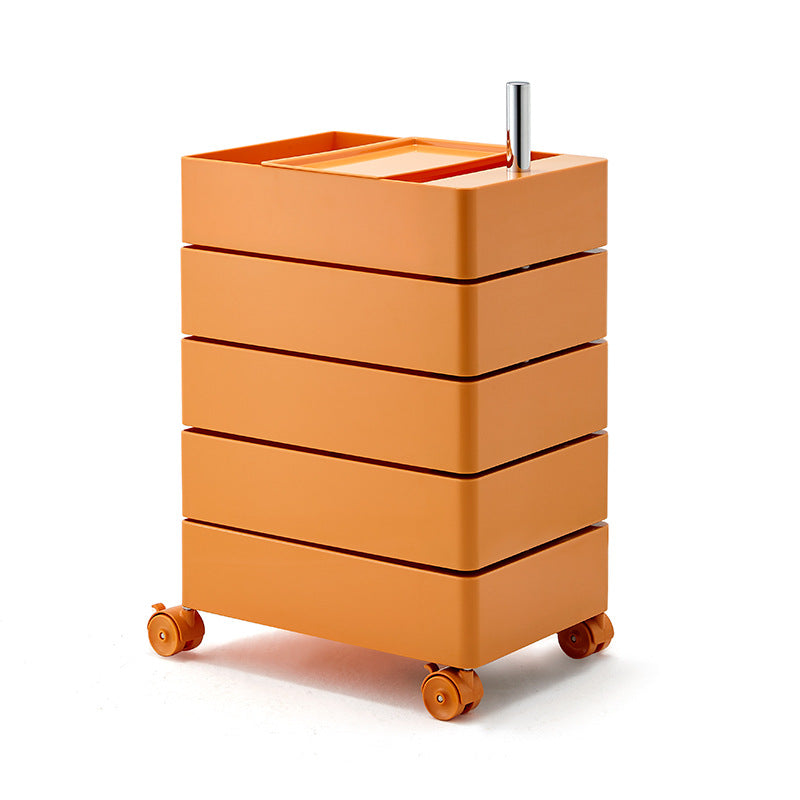 Contemporary Nordic Square ABS End Table with Rotating Drawer, 5-Tier Storage on Casters – Ideal Bedroom Accent