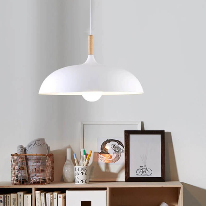 Modern Metal and Wood Dome Pendant Light — 1-Light, Wooden Top