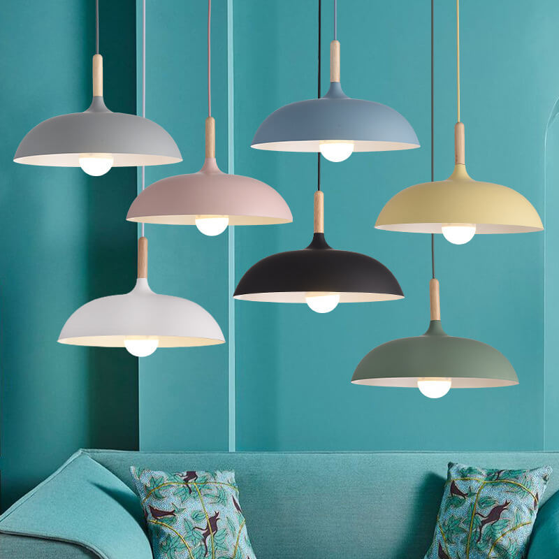 Modern Metal and Wood Dome Pendant Light — 1-Light, Wooden Top
