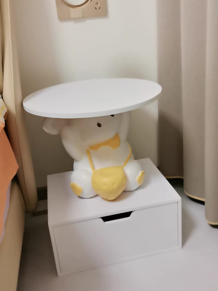 Modern Art Deco Kids Rabbit End Table with 1 Drawer and LED Light — Round Top, Resin-Wood Enamel Finish, Bedroom Nightstand