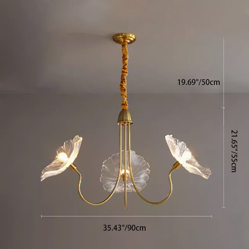 Elegant Modern Art Deco Gold-Finish Frame with Lotus Leaf Glass Shade, 3/6-Light Living Room Chandelier