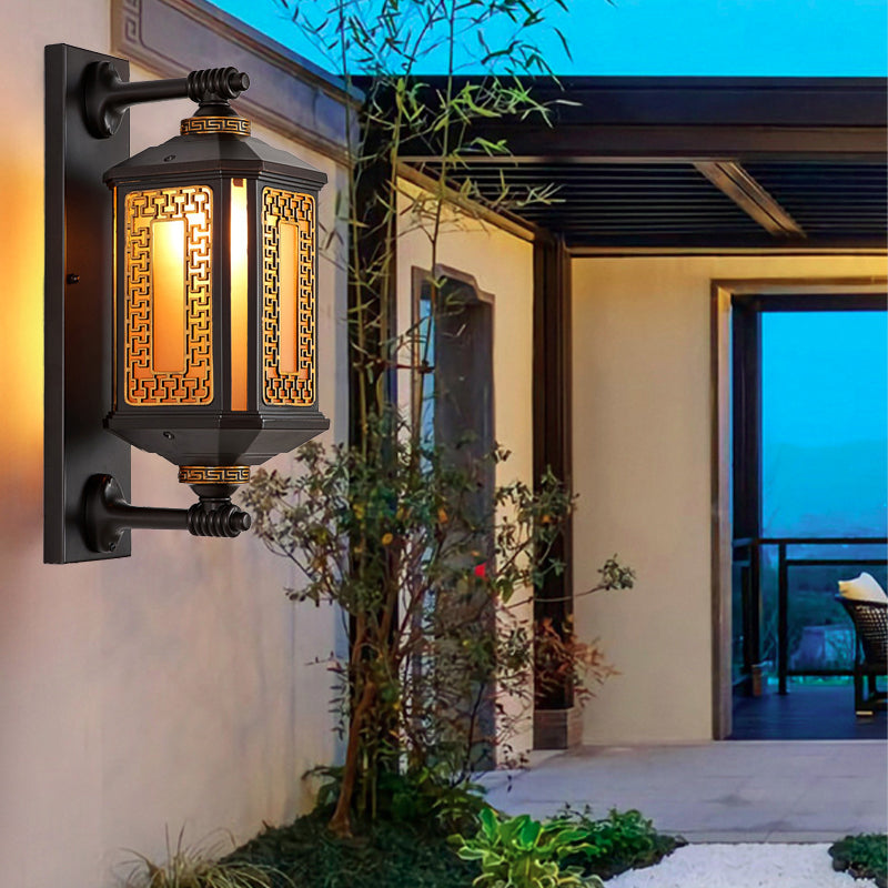 Traditional Chinese-Style Waterproof Aluminum Glass Cylinder Wall Sconce Lamp – 1/2 Light Outdoor Patio