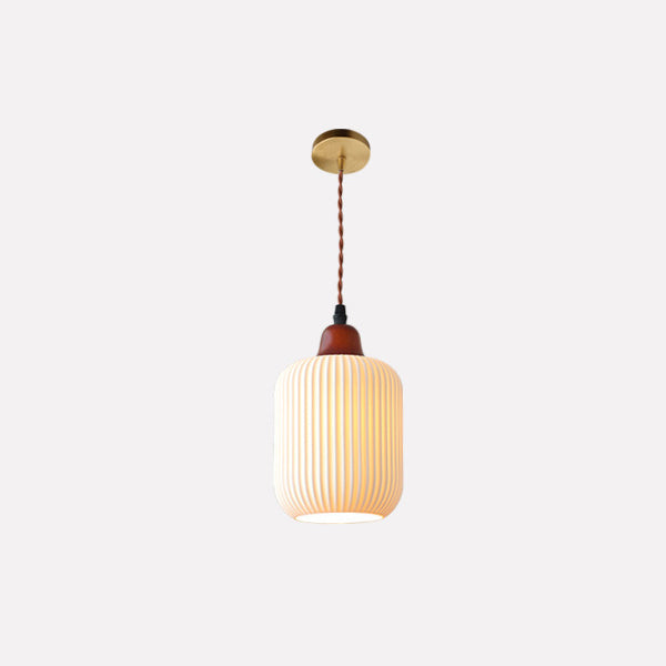 Elegant Japanese Vintage Pleated Ceramic Round Dome Wood 1-Light Pendant Lamp