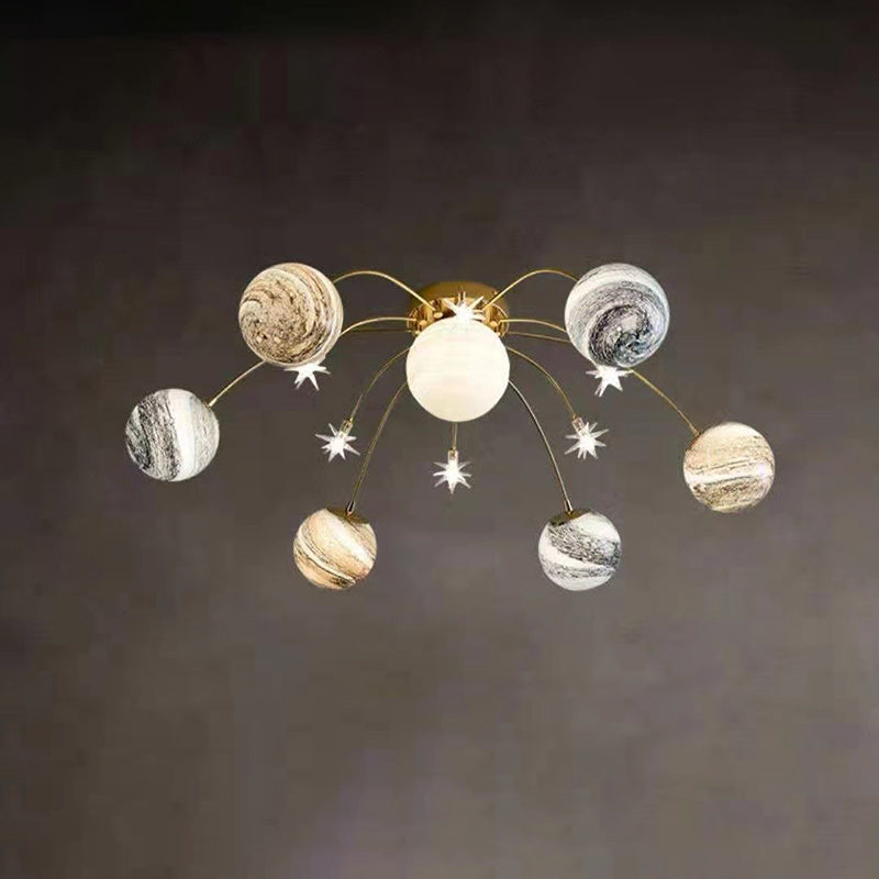 Contemporary Nordic Kids' Iron & Glass Globe Ceiling Light, 13-Light Semi-Flush Mount for Bedroom