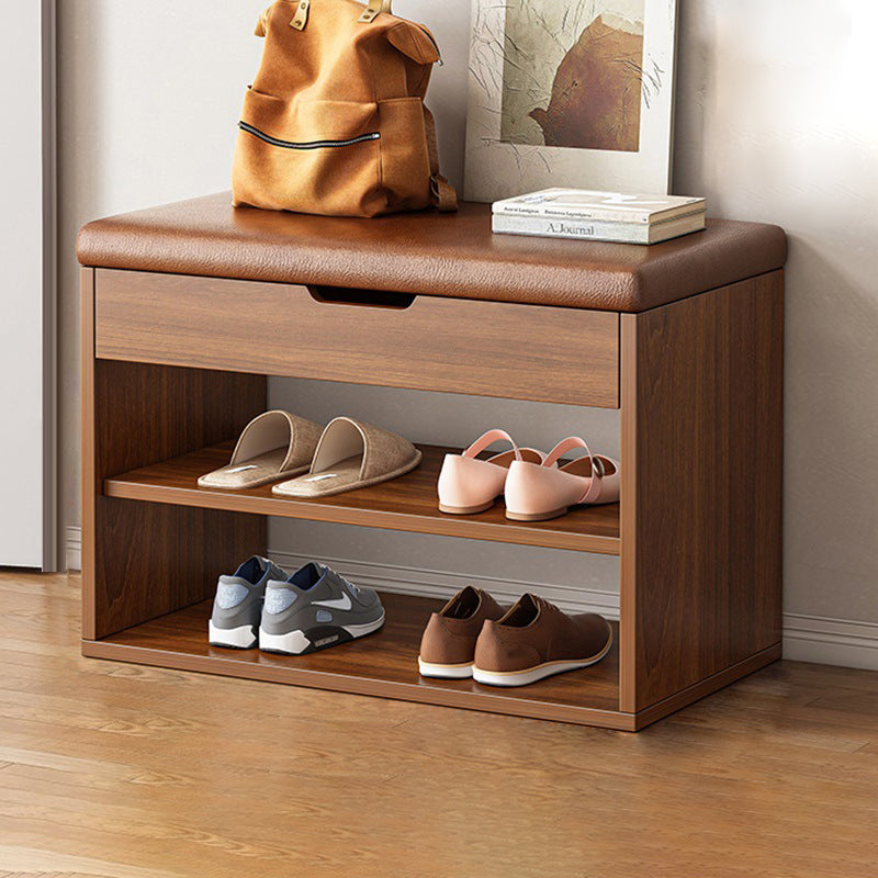 Modern Minimalist 3-Tier Shoe Storage Rack — Rectangular Design, Fabric & PU Leather Upholstery with Wood Frame for Entryways