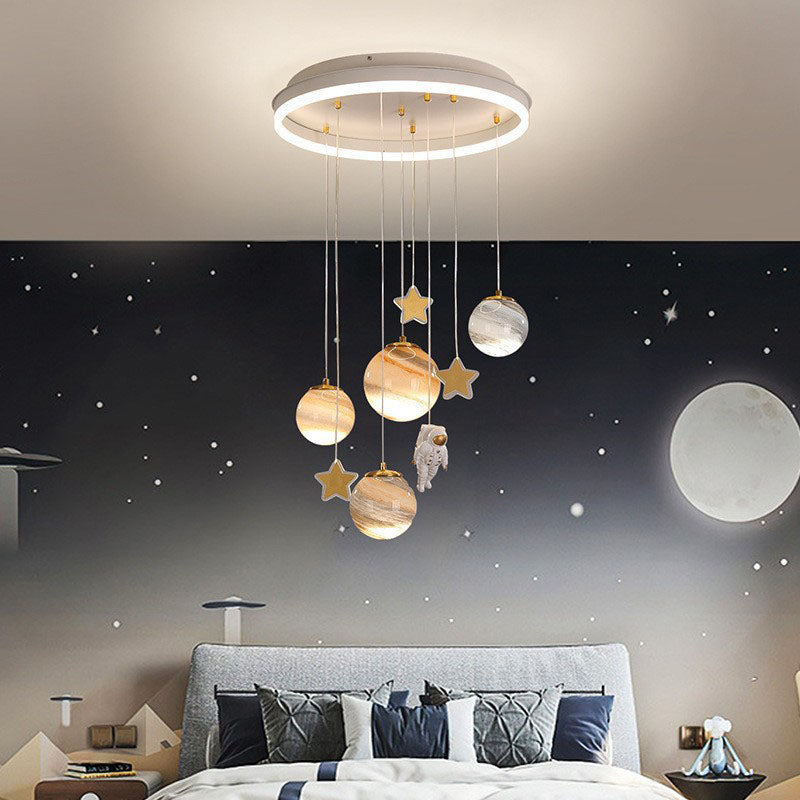 Modern Scandinavian Space Planet LED Kids Flush Mount Ceiling Light with Round Acrylic Glass Shade – Ideal for Bedroom