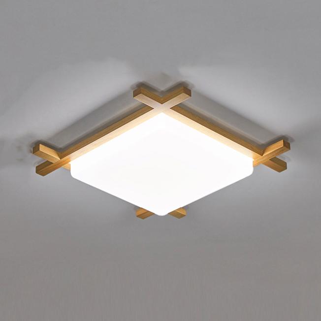 Modern Solid Wood Square LED Flush-Mount Ceiling Light – Tatami-Style Japanese Design
