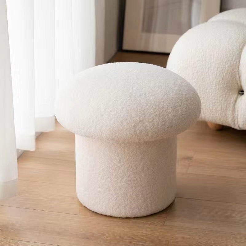 Modern Minimalist Mushroom-Cylinder Vanity Stool with Lambswool Upholstery and Wood Base for Bedroom