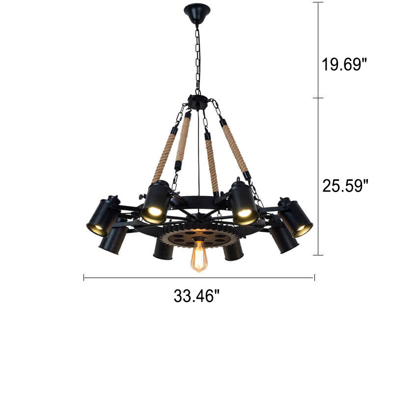 Industrial Retro Gear Wrought Iron Hemp Rope Chandelier - 6/8/10-Light