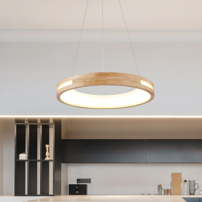 Japanese Minimalist Log-Circle Island LED Chandelier