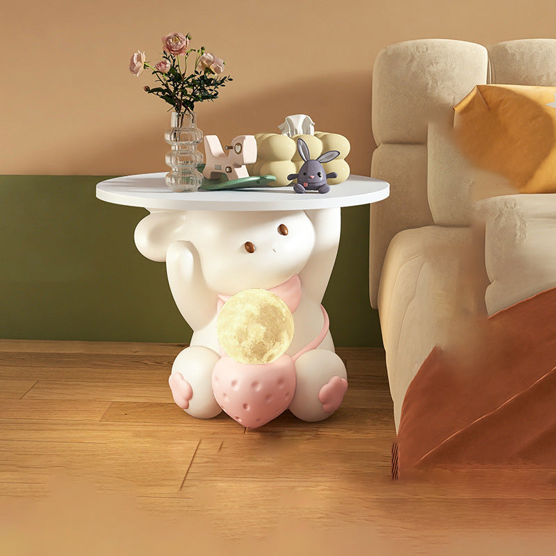 Modern Art Deco Kids Rabbit End Table with 1 Drawer and LED Light — Round Top, Resin-Wood Enamel Finish, Bedroom Nightstand