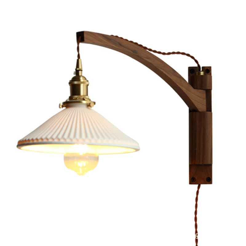 Nordic Milk-White Striped Glass and Walnut 1-Light Wall Sconce with Retractable Arm