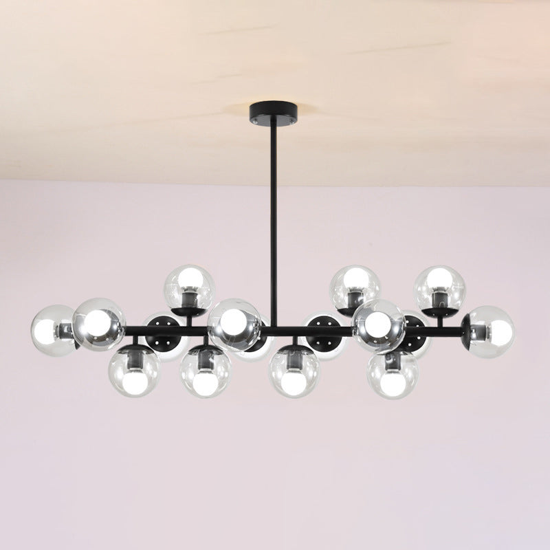 Contemporary Scandinavian Long Round Globe Iron & Glass 16-Light Island Pendant Chandelier for Dining Room