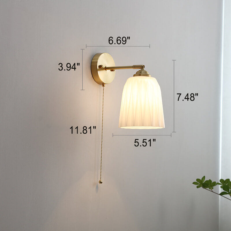 Nordic-Style Milk-White Striped Glass Wall Sconce with Brass Finish - 1-Light Pull-Cord Lamp