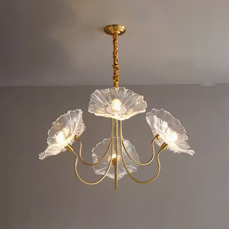 Elegant Modern Art Deco Gold-Finish Frame with Lotus Leaf Glass Shade, 3/6-Light Living Room Chandelier