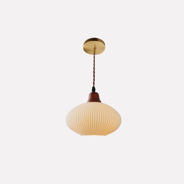 Elegant Japanese Vintage Pleated Ceramic Round Dome Wood 1-Light Pendant Lamp