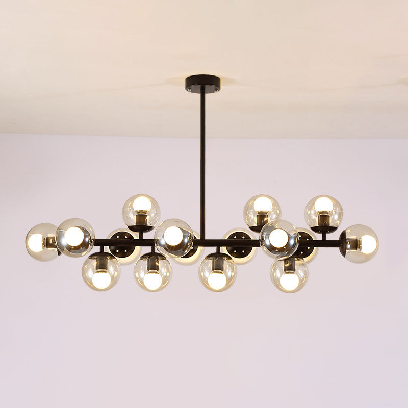 Contemporary Scandinavian Long Round Globe Iron & Glass 16-Light Island Pendant Chandelier for Dining Room